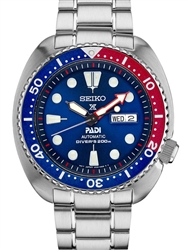 Seiko Prospex Stainless Steel Padi Special Edition Automatic Diver Watch
Clasp: Flip Lock
Dial Color: Blue With LumiBrite Hands And Markers
Bezel:  Red And Blue One-Way Rotating Elapsed Timing Bezel
MM: 45