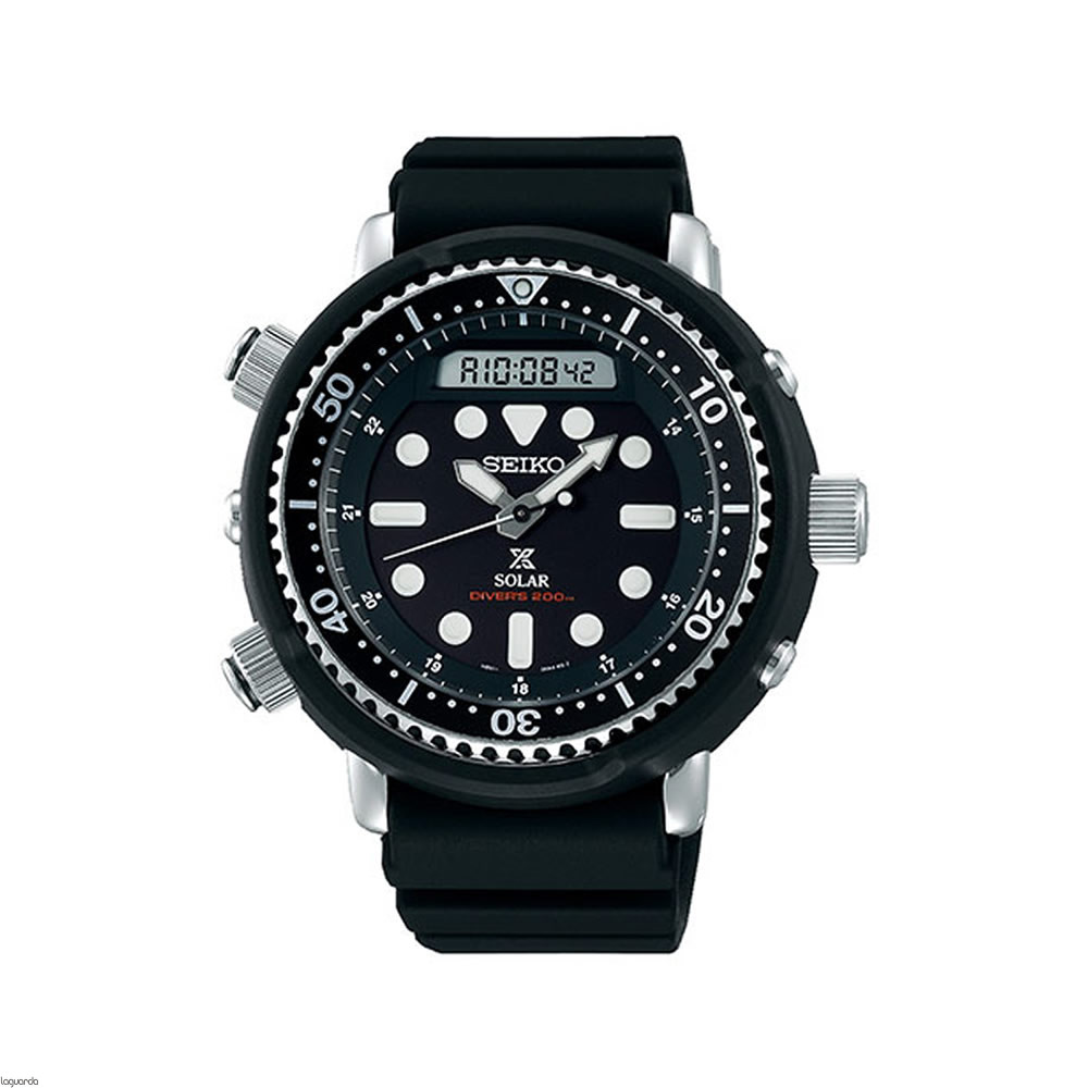 Seiko Prospex Stainless Steel (Hard Coating) And Plastic Solar Divers 200M Watch
Name Of Bracelet:Black Silicone
Clasp: Buckle
Hardlex Crystal
Dial Color: Black
Bezel:  BlackUnidirectional
Mm: 47.8
Other Features: Alarm Function (Daily Alarm)
Full