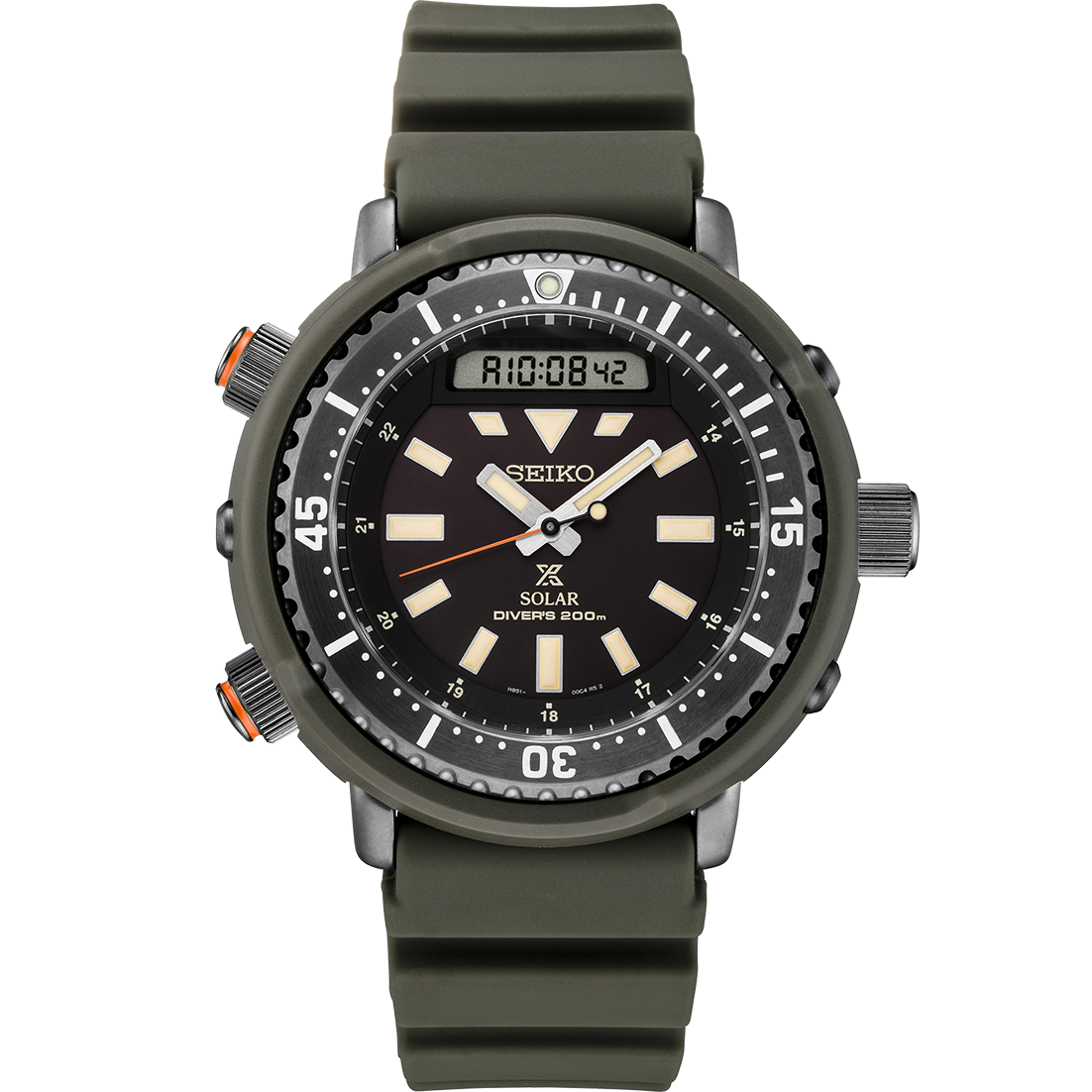 Seiko Prospex Stainless Steel (Hard Coating) And Plastic Solar Divers 200M Watch
Name Of Bracelet: Green Silicone
Clasp: Buckle
Hardlex Crystal
Dial Color: Black Lumibrite On Hands, Indexs And Bezel
Bezel: Slate Unidirectional Rotating Bezel
MM: 47.