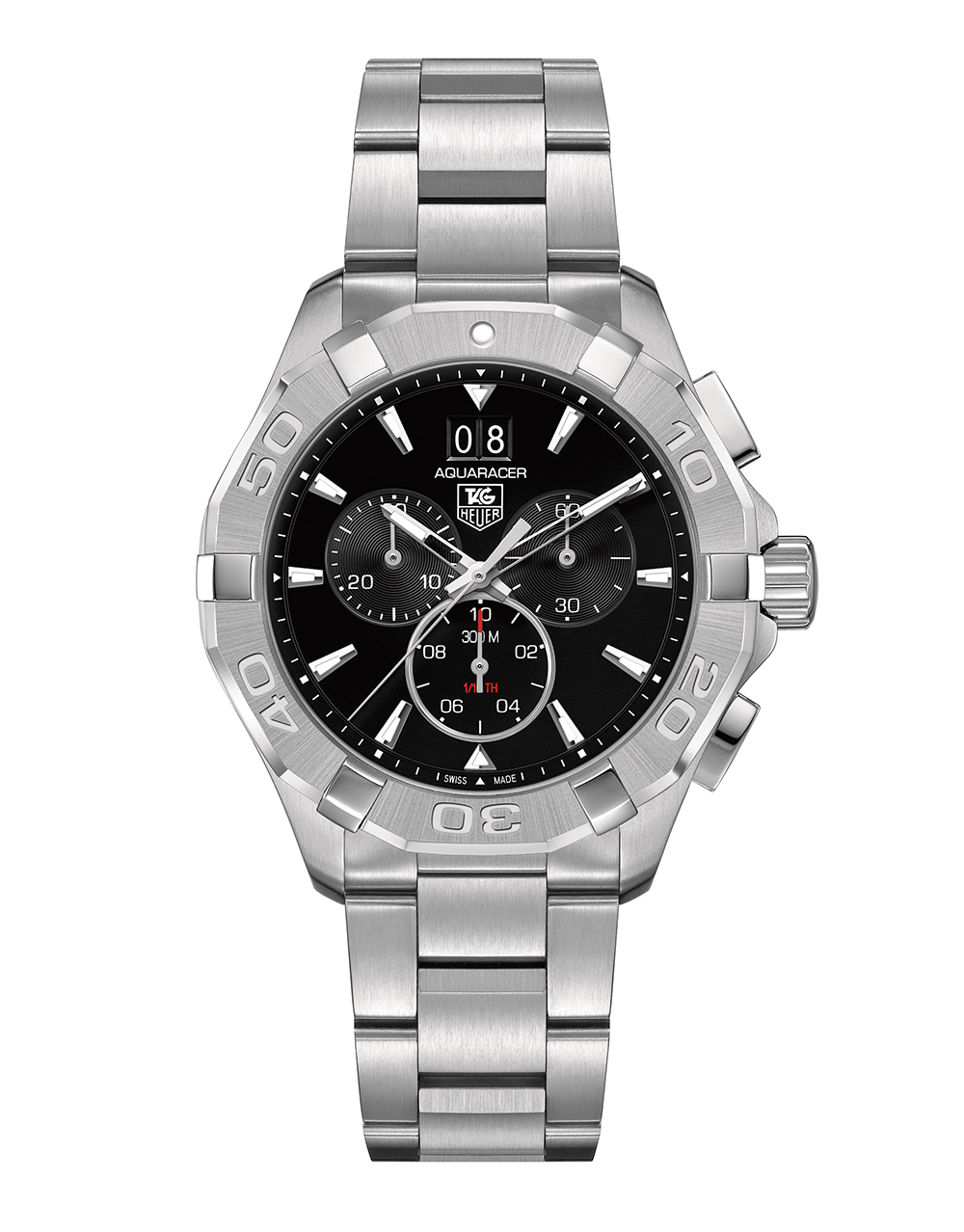 Tag Heuer: Stainless Steel Quartz Chronograph Aquaracer 43MM Watch
Clasp: Deployment
Finish: Satin and Polish
Dial Color: Black Dial
