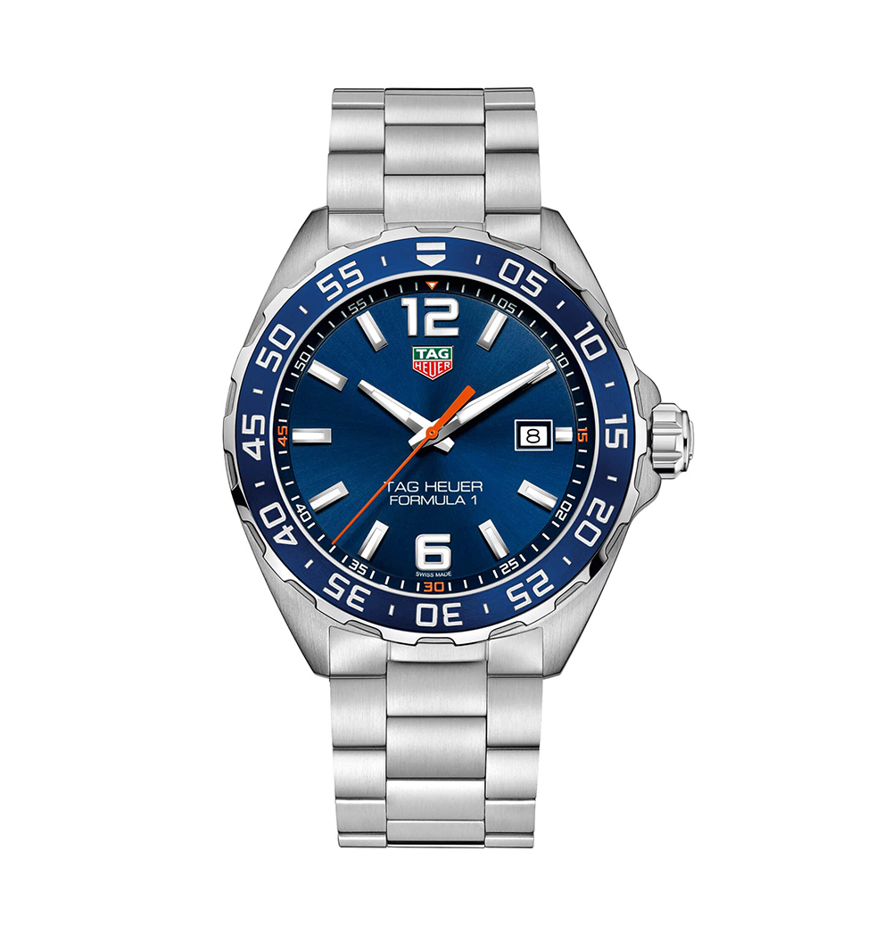 Tag Heuer: Stainless Steel 43mm Formula 1  Quartz Watch
Clasp: Steel Folding Clasp With Safety Push-Buttons 
Finish: Satin And Polish
Dial Color:  Blue Dial With Orange Accents
Bezel: Blue Aluminum Bezel With Minute Markers
