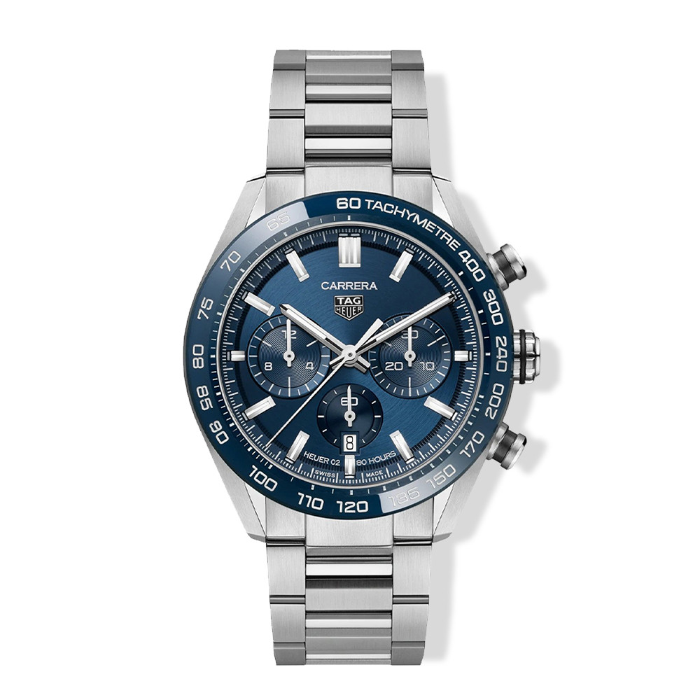 TAG HEUER: Carrerra Stainless Steel Automatic Chronograph Watch 
Clasp: Integrated
Finish: Brushed
Dial Color: Blue
Bezel: Blue Ceramic
Mm: 44