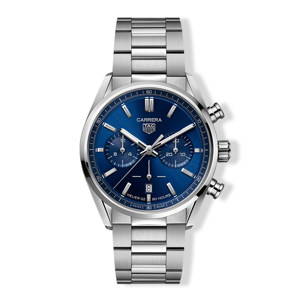 TAG HEUER: Carrerra Stainless Steel Automatic Chronograph Watch 
Name Of Bracelet: Stainless Steel
Clasp: Deployment
Finish: Satin And Polish
Dial Color: Blue
Mm: 42