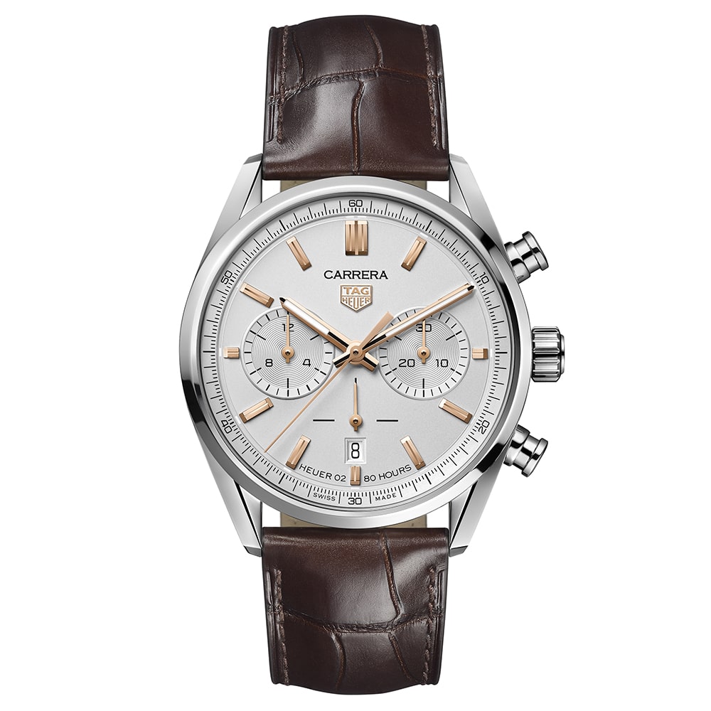 TAG HEUER: Carrera Stainless Steel Automatic Chronograph Watch
Name Of Bracelet: Brown Strap
Clasp: Integrated
Finish: Polished
Dial Color: White
Mm: 42