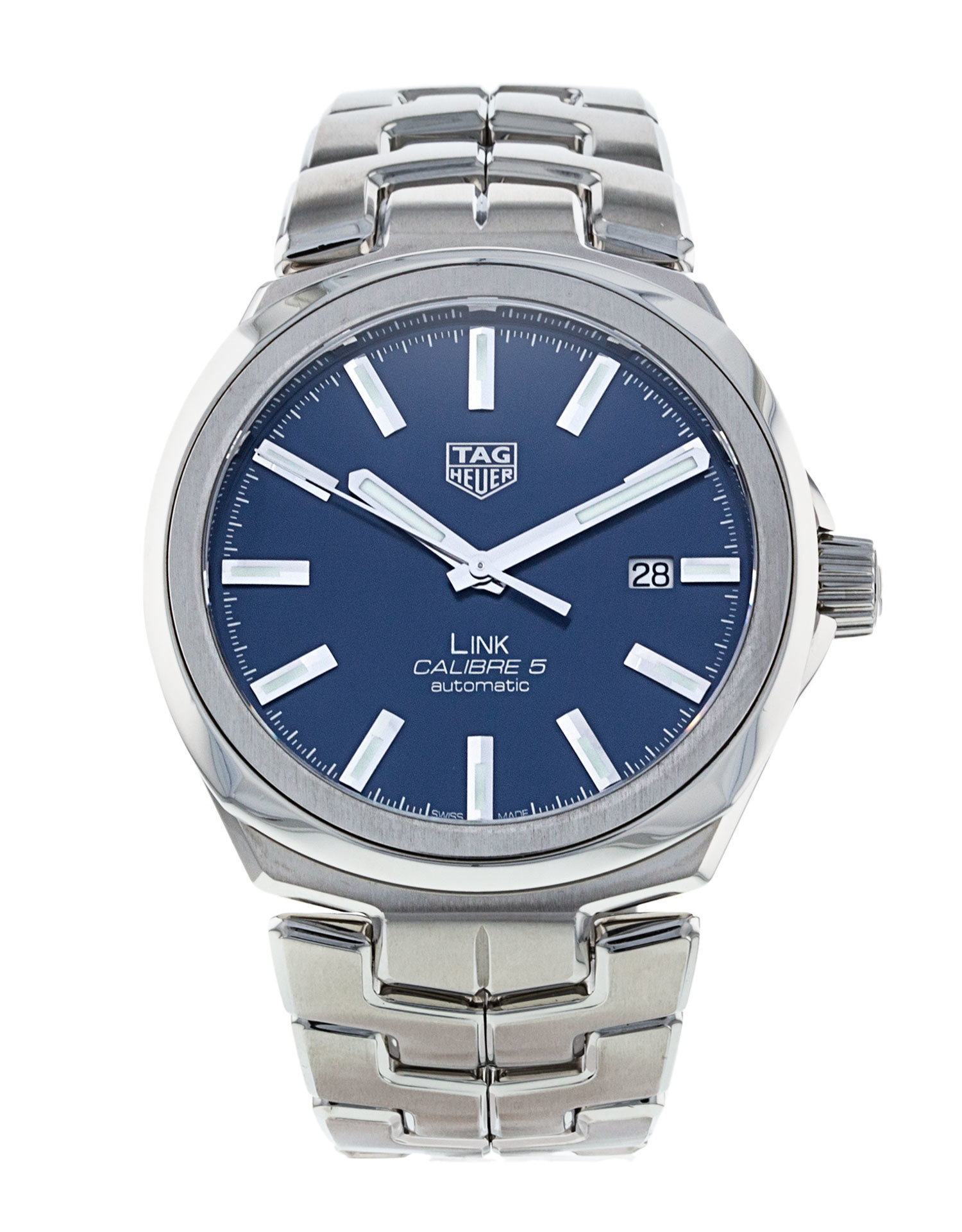 Tag Heuer: Stainless Steel Automatic Watch
Name: Link Calibre 5 
Finish: Satin And Polish
Dial Color: Blue
Bezel: Smooth
Mm: 41Mm