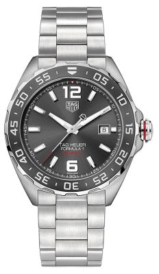 Tag Heuer:Stainless Steel 43mm Formula 1  Automatic Watch
Clasp: Steel Folding Clasp With Safety Push-Buttons 
Finish: Satin And Polish
Dial Color: Anthracite Dial
Bezel: Unidirectional Turning Sandblasted, Polished Steel & Black Ceramic