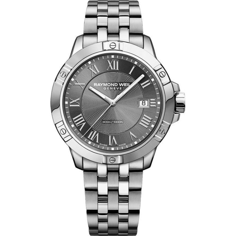 RAYMOND WEIL: Stainless Steel Quartz Watch
Name: TANGO
Clasp: Deployment Buckle
Finish: Polished
Dial Color: GREY
MM: 41