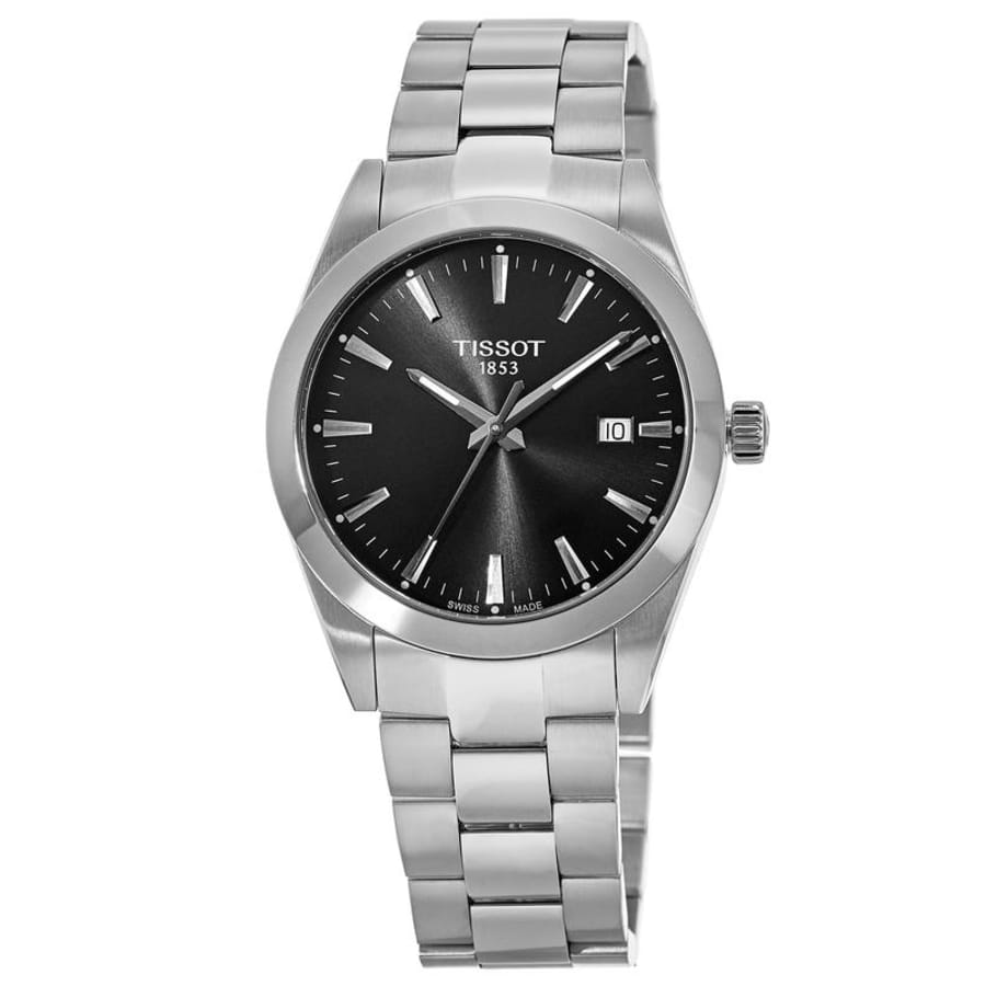 TISSOT GENTLEMAN QUARTZ  (T127.410.11.051.00)
Case  40mm/316L stainless steel case
Crystal Domed scratch-resistant sapphire crystal
Movement  Swiss quartz/ETA F06.115
Functions  EOL (battery end-of-life indicator)
Dial Black with indexes
Strap detai