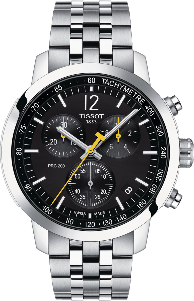 TISSOT PRC 200  QUARTZ CHRONO (T114.417.11.057.00) 
Case:  42mmx43mm/316L stainless steel cas<
Case options:  Screw-down crown and caseback
Crystal: Scratch-resistant sapphire crystal
Dial: Black with arabic and indexes
Movement: Swiss quartz/ETA G10