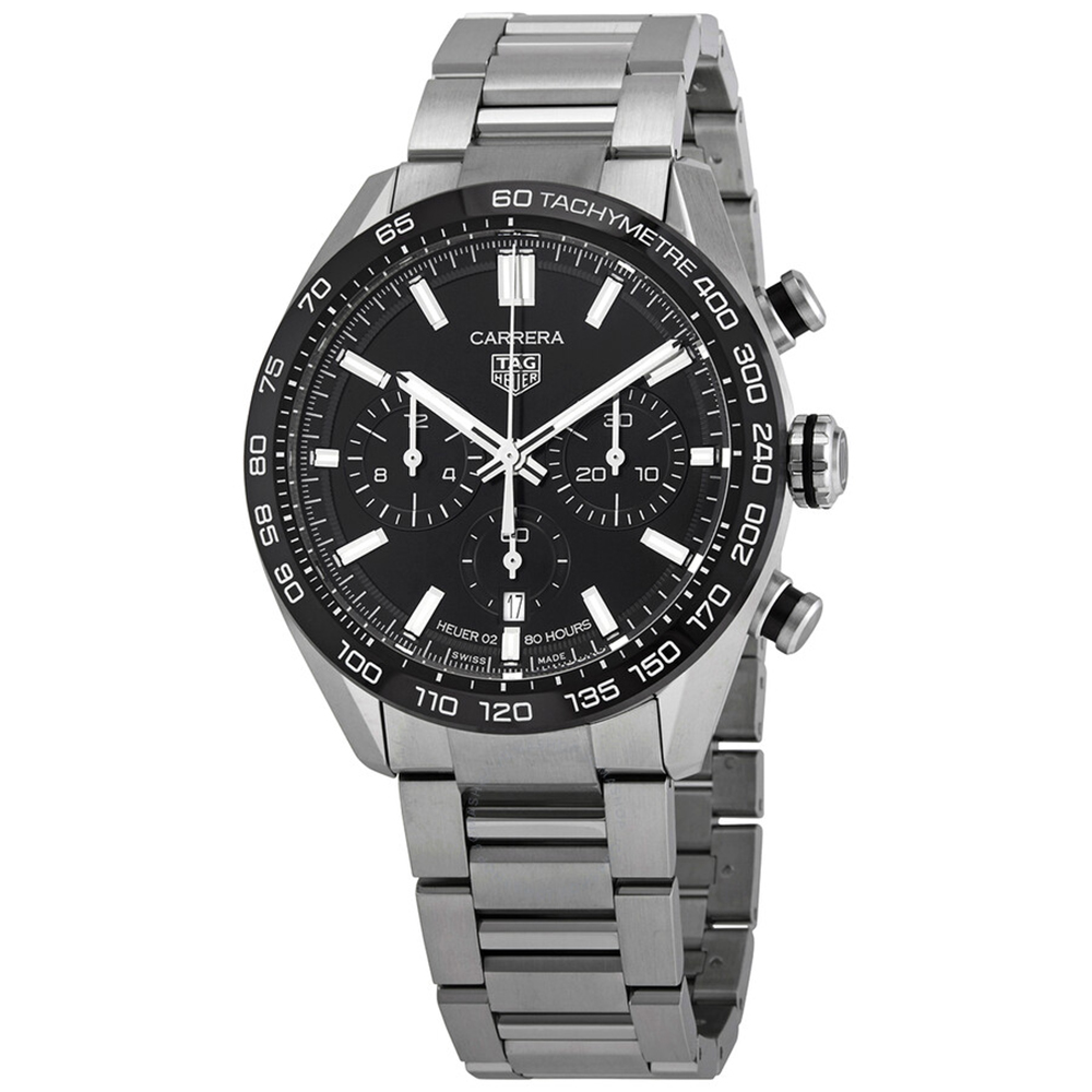 TAG HEUER:  Carrerra Stainless Steel Automatic Chronograph Watch 
Clasp: Integrated
Finish: Brushed
Dial Color: Black
Mm: 44