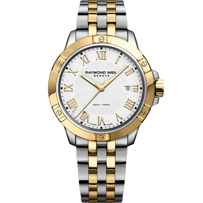 Raymond Weil: Stainless Steel And Yellow Quartz Tango 41 Mm White Dial 
Clasp: Deployment Buckle
Finish: Brushed & Polished