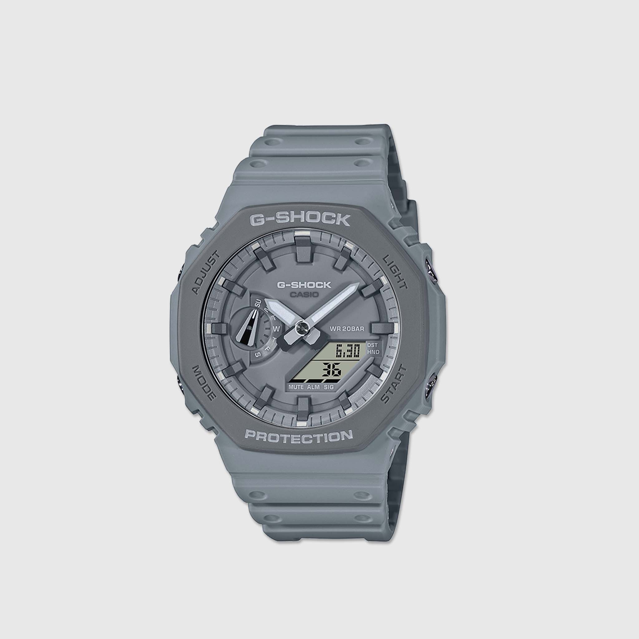CASIO: G SHOCK  Carbon Resin Analog-Digital  Watch
Name of Bracelet: Grey Resin
Clasp: Tang Buckle
Dial Color: Grey