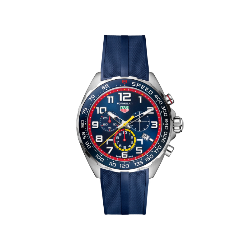 Tag Heuer Stainless Steel Formula 1 X  Red Bull Racing Special Edition Quartz Chornograph Watch 43mm
Dial:  Blue Sunray with yellow and red highlights