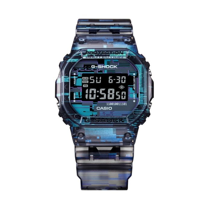Casio G Shock Digital 5600 Series Black Dial Transparent Blue/Purple Glitch Pattern Watch (DW5600NN-1)