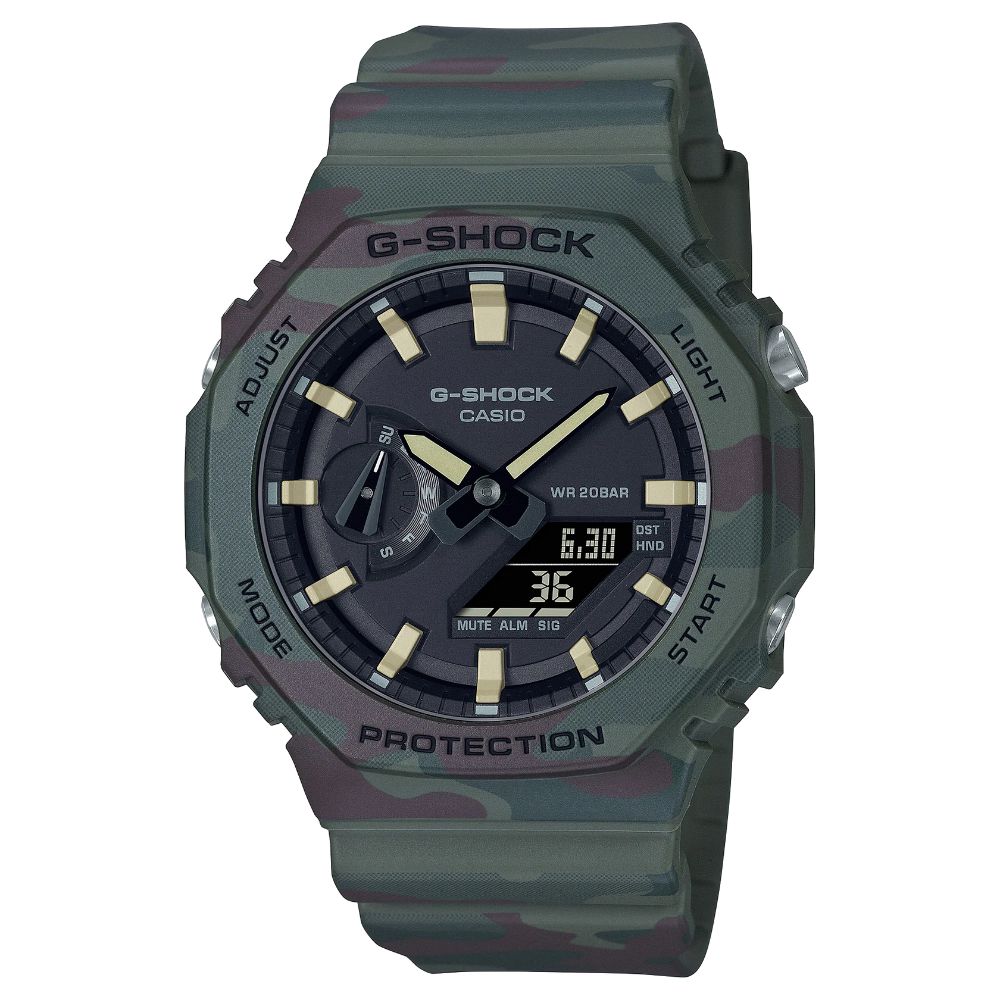 G Shock 2100 Series Watch With Camo Band And Case And Accompanied Attached Band