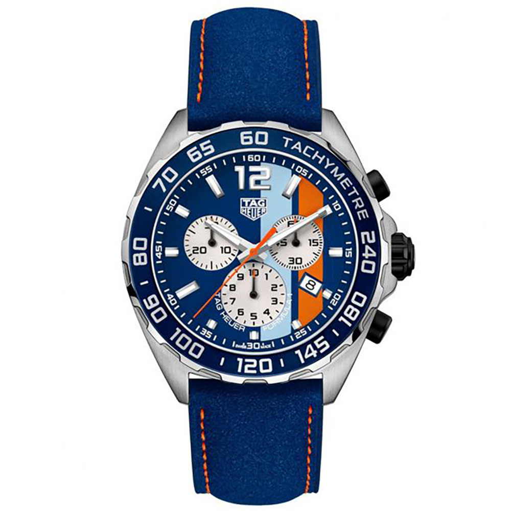 Tag Heuer Stainless Steel 43Mm Special Edition Formula 1 Chronograph Watch Blue Dial With Gulf Stripes
Bezel: Aluminum Blue Tachymeter Fixed Bezel
Fabric Blue Strap With Orange Stitching