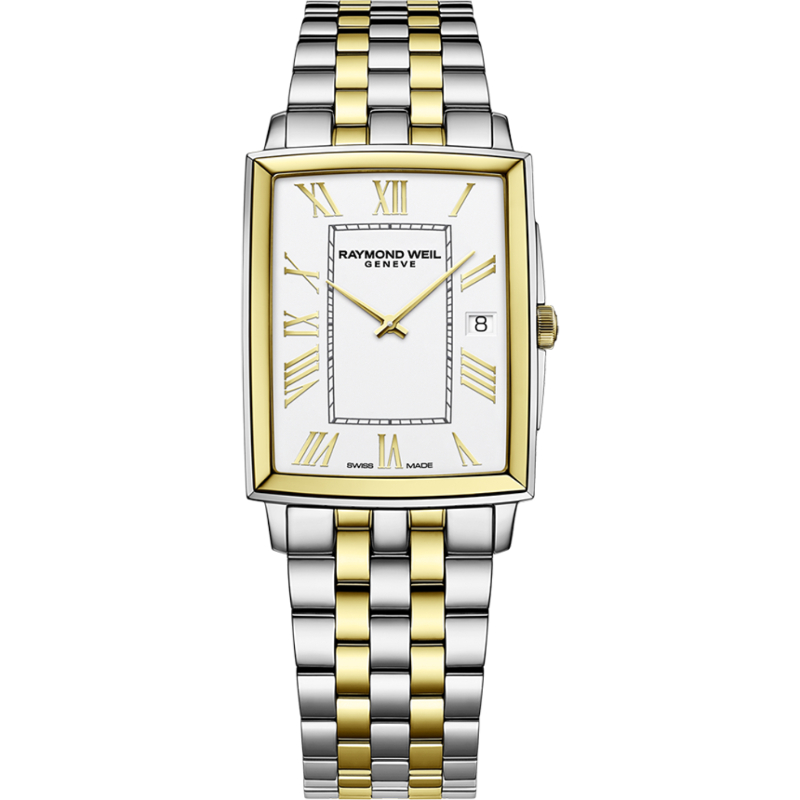 Raymond Weil Toccata  Classic Rectangular Two-Tone Watch, 37.25 x 29.60 mm, two-tone white dial with roman numeral indexes (5425-STP-00308)