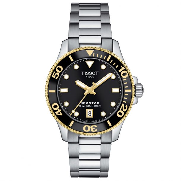 Yellow Pvd Over Stainless Steel Quartz Watch Name: Tissot Seastar 1000
Name Of Bracelet: Stainless Steel
Clasp: Deployment Buckle
Finish: Satin And Polish
Dial Color: Black