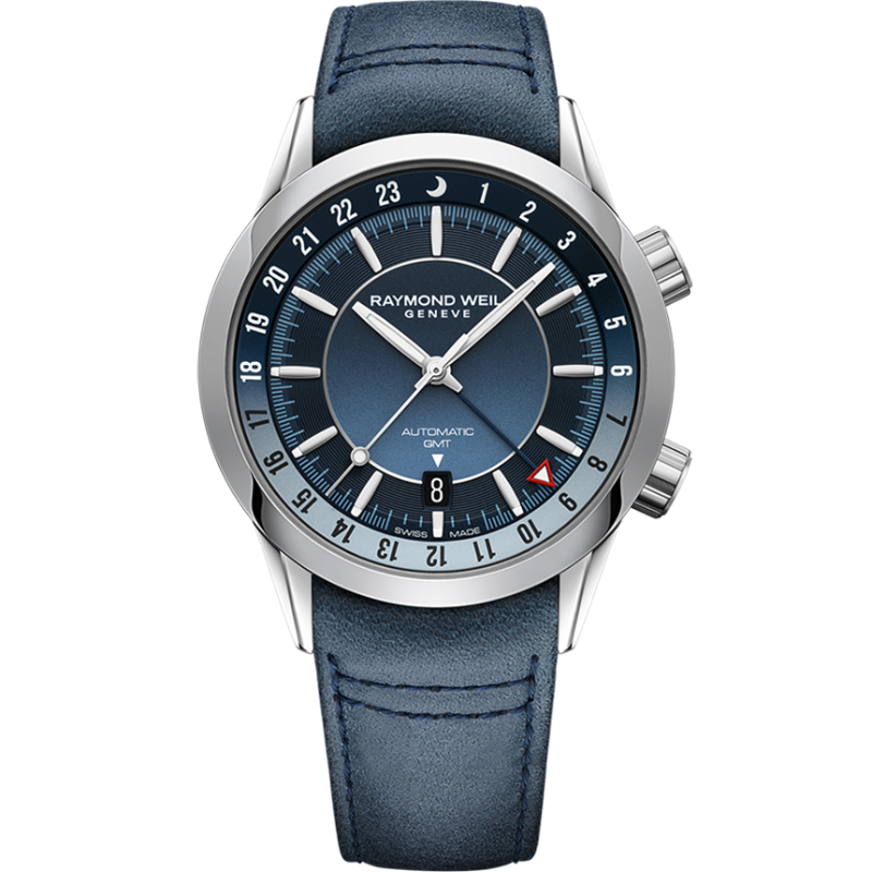 Raymond Weill Freelancer GMT Blue Leather Watch, 41mm (2761-STC-50001)
Blue Gradient Dial With Indexes, Blue Leather Strap, Stainless Steel Case