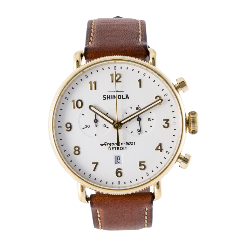 Shinola The Canfield Chronograph 2 Eye Gold Tone 43mm Leather Strap