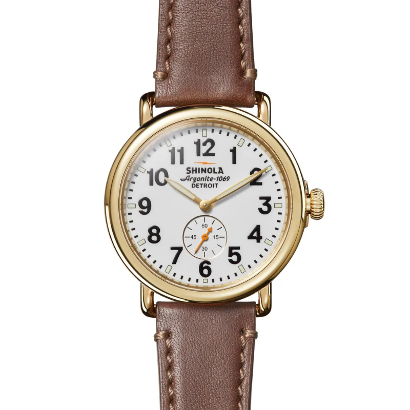Shinla Runwell Sub Second White Dial Quartz Watch Teak Leather Strap 41 mm