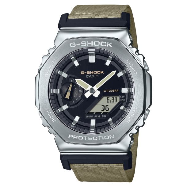 Casio G-Shock Stainless Steel Octogon Multi Funtction Watch On Cloth Strap