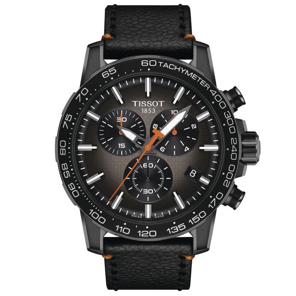 Tissot Supersport Chronograph Grey Dial Black Leather Strap Watch  45.5mm