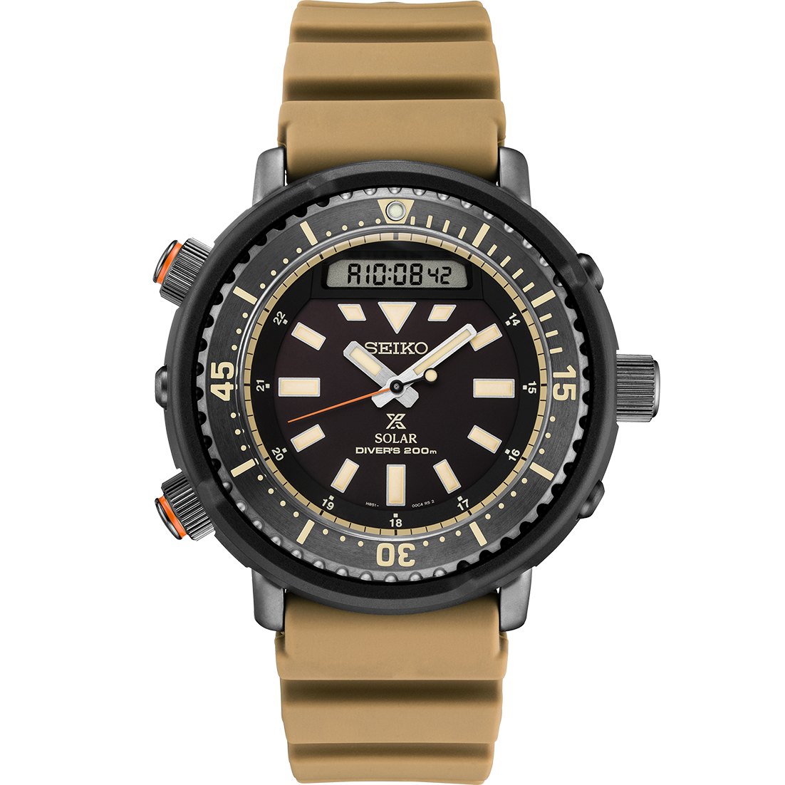 Seiko Prospex 47.8mm Stainless Steel Solar Diver's 200m Watch  
With Black Dial, Lumibrite on hands, indexs and bezel, Case is Stainless 
Steel(hard coating) And Plastic On Tan Silicone Strap
Other Features:
Hardlex Crystal
Bezel: Unidirectional Rota