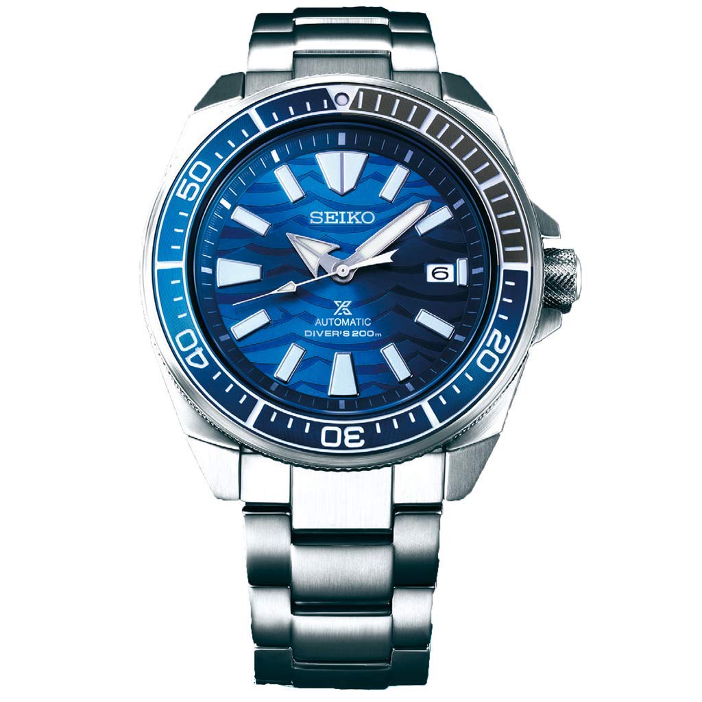 Seiko Prospex 45mm Diver's 200 mm  Stainless Steel Automatic With Manual Winding Capacity Watch
Blue Wave Dial And Blue/ Gray Unidirectional Rotating Bezel With Hardlex Crystal
