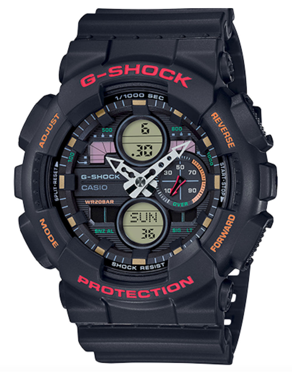 Casio: G-Shock GA140 90's Collection Ana-Digi Black Red
Features: Speed Measurement, 1/1000 Second Stopwatch Measuring Elapsed Time,
Split Time, 1st & 2nd Place Times, ISO 764 Class Magnetic Resistant

Specifications: Module: 5612
LED
Shock Resistan