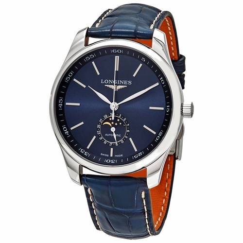 Longines: Stainless Steel 42mm Master Collection With Moon Phase Display Stainless Steel Automatic Watch
Blue Alligator Leather Strap With Triple Safety Folding Clasp And Push-Piece Opening Mechanism
Scratch-Resistant Sapphire Crystal
Transparent Case