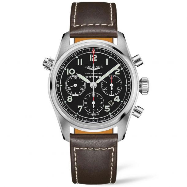 Longines: Stainless Steel 42mm Spirit Automatic Chronograph Watch Chronometer Certified By The COSC 
Brown Leather Strap With Buckle
Scratch-Resistant Sapphire Crystal, With Several Layers Of Anti-Reflective Coating On Both Sides
Black Matt Dial, Silve