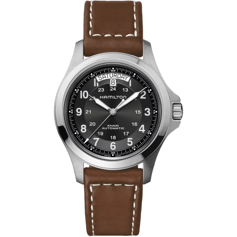 Hamilton: Gents Stainless Steel Khaki Field King Automatic Watch
Dial Color: Black
Mm: 40mm
Serial:  Py9qawwmn