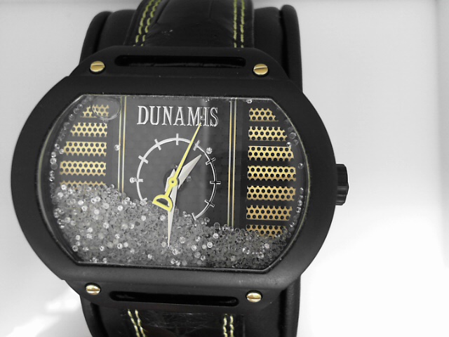 Dunamis Watch By Jason Of Beverly Hills Spartan Automatic Watch
Stainless Steel With Balck PVD 
Automatic Sport Watch 
Black/Yellow With Floating Diamond Dial
Black Leather Strap with Yellow  Stitching