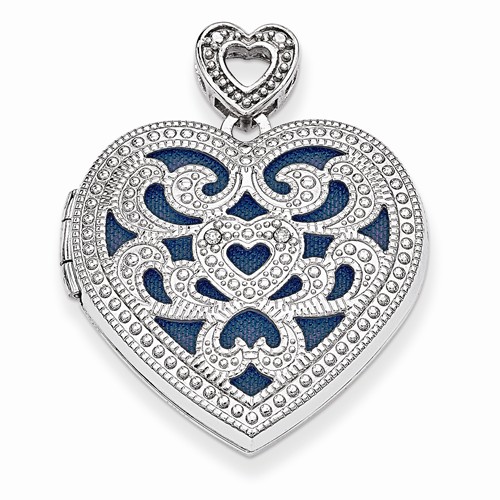 Sterling Silver Heart Locket With Blue Fabric On 18 Inch Cable Chain