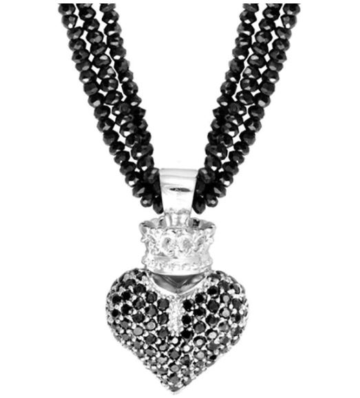 King Baby Black Spinel Necklace w/Large 3D Black Pave CZ Crowned Heart