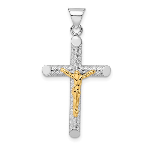 Sterling Silver RH-plate and Gold-tone Polished and Textured Crucifix Pendant