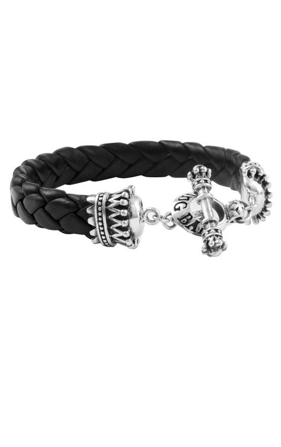 King Baby: Sterling Silver Bracelet Small Black  Leather Braid With Crowns Length: 8.75