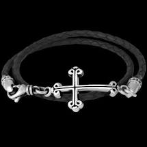 King Baby: Thin Braided Leather Sterling Silver Cross Bracelet Length: 8.75