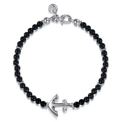 Gabriel & Co Sterling Silver Onyx Bead Bracelet With Anchor 8 Inch