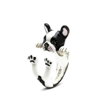 Dog Fever  Enamel & Sterling Silver French Bulldog Hugg Ring   Size 6.5