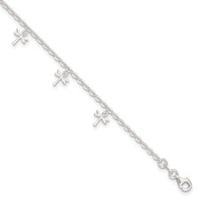 Sterling Silver 9 Inch Dragonfly Dangle Anklet