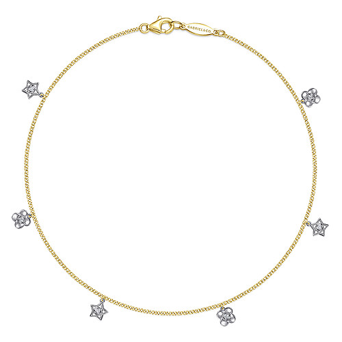 Gabriel & Co 14K Yellow Gold Chain Ankle Bracelet with White Gold Diamond Flower and Star Charms-0.06CTW
10 Inch