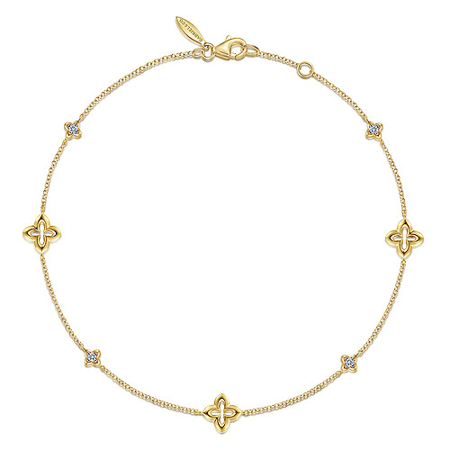 Gabriel & Co 14K Yellow Gold Chain Ankle Bracelet with Clover and White Sapphire Stations-0.35CTW
10 Inch