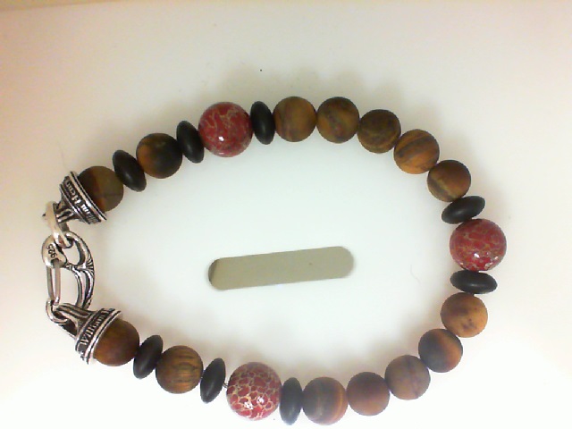 William Henry Sterling Silver Frosted Tiger's Eye, Onyz, Dragon Fire Dinosaur Bone Beaded Bracelet