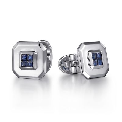 Gabriel & Co 925 Sterling Silver Square Cufflinks with Princess Cut Sapphire Stones