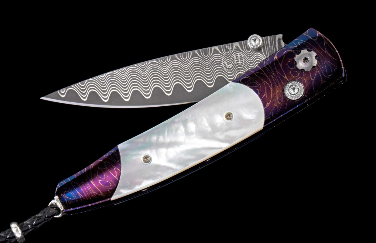 William Henry: Limited Heated Blue Rolling Rock Damascus Frame, Inlaid With Mother Of Pearl & White Topaz