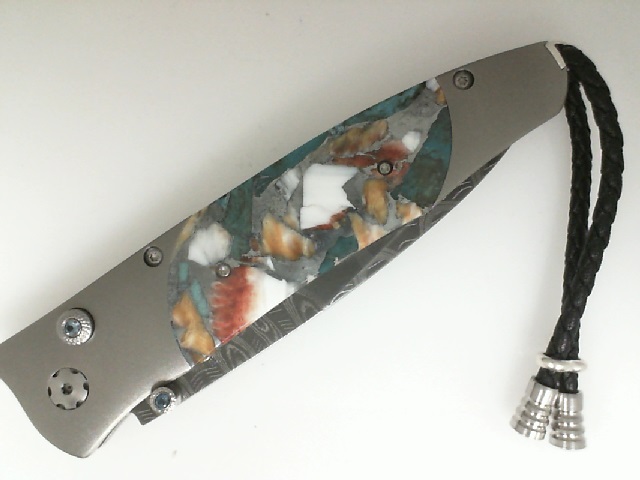 William Henry Titanium Pocket Knife With Spiny Oyster Shell And Turquoise, And Damascus Blade