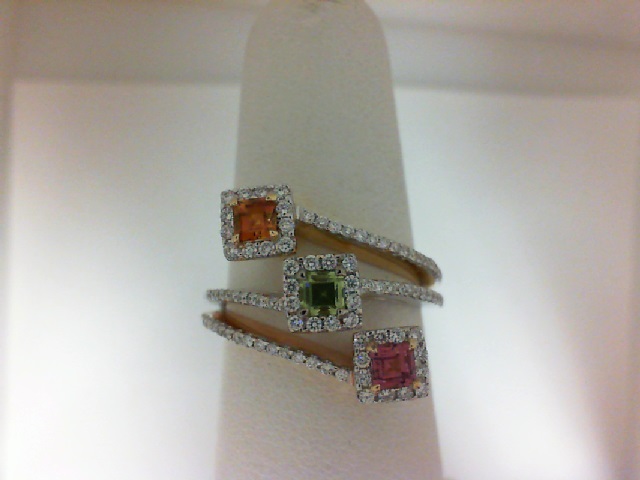 18 Karat Tri-Gold Ring With 98=0.38Tw Round Diamonds And 3=0.63Tw Princess Tourmaline,
Peridot And Citrine