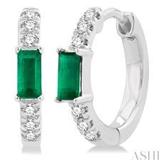 10 Karat White Petite 4X2mm Emerald And Round Cut Diamond Fashion Huggies